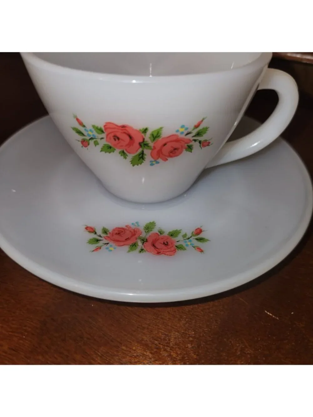 Vintage Fire King Milk Glass Red Rose Flower Teacup/Coffee Cup & Saucer